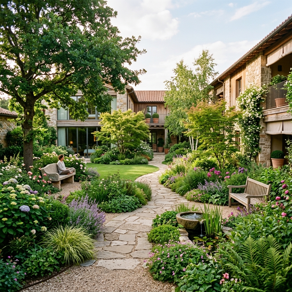 Lush courtyard meditative garden background